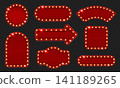 Red marquee light bulb signs and glowing cinema frames, retro illuminated arrow, circle and banner templates for casino, theater, storefront, circus box board. Vector set 141189265
