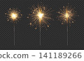 Realistic golden sparklers set with glowing sparks and bright firework burst effect isolated on transparent background, festive celebration decoration for holiday party design. Vector set 141189266