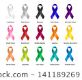 Cancer awareness ribbon chart with colorful oncology symbols for breast, prostate, lung, brain, colon, leukemia disease support, screening and prevention campaign design. Vector isolated set 141189269