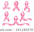 Pink breast cancer awareness ribbons with glossy satin loops and flowing banner, realistic support symbols for oncology screening, prevention campaign and women healthcare. Vector isolated set 141189270