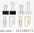 Binder clips and paper clips realistic vector with black, white and gold office fasteners, stationery supplies isolated on transparent background for document organization 141189273