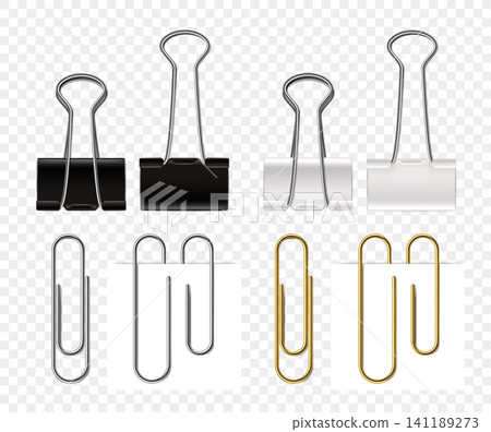 Binder clips and paper clips realistic vector with black, white and gold office fasteners, stationery supplies isolated on transparent background for document organization Binder clips and paper clips realistic vector with black, white and gold office fasteners, stationery supplies isolated on transparent background for document organization 141189273
