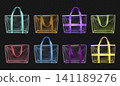 Colorful transparent tote bags with neon handles, realistic clear PVC shopper mockups for retail packaging, beach travel, boutique merchandise and promotional design. Vector set 141189276