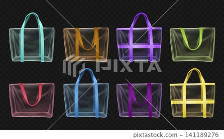 Colorful transparent tote bags with neon handles, realistic clear PVC shopper mockups for retail packaging, beach travel, boutique merchandise and promotional design. Vector set Colorful transparent tote bags with neon handles, realistic clear PVC shopper mockups for retail packaging, beach travel, boutique merchandise and promotional design. Vector set 141189276