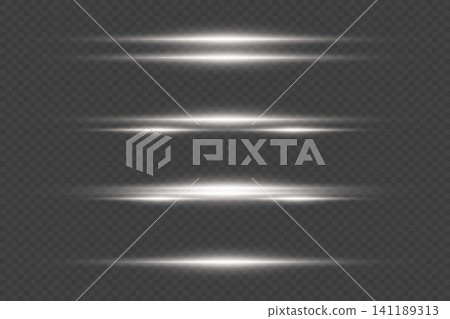 Horizontal white light streaks creating a glowing lens flare effect on transparent background 141189313
