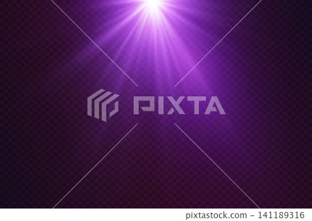Purple light rays creating a glowing effect on a checkered transparent backdrop 141189316