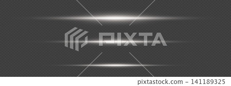 Multiple white light streaks creating glowing horizontal lines on a transparent background 141189325