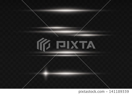 White horizontal light streaks creating a glowing lens flare effect on transparent background White horizontal light streaks creating a glowing lens flare effect on transparent background 141189339