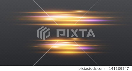 Golden and purple light streaks creating a dynamic motion effect on dark transparent background Golden and purple light streaks creating a dynamic motion effect on dark transparent background 141189347