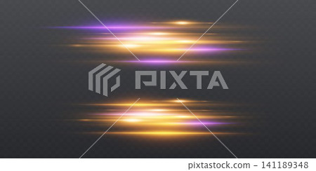 Glowing horizontal light trails creating a dynamic motion blur effect on transparent darkness Glowing horizontal light trails creating a dynamic motion blur effect on transparent darkness 141189348