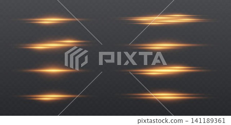 Golden light lens flare effects creating horizontal glowing streaks and starbursts on a transparent background Golden light lens flare effects creating horizontal glowing streaks and starbursts on a transparent background 141189361
