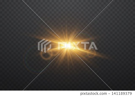 Golden light burst illuminating with radiant rays and optical flare on a transparent background Golden light burst illuminating with radiant rays and optical flare on a transparent background 141189379