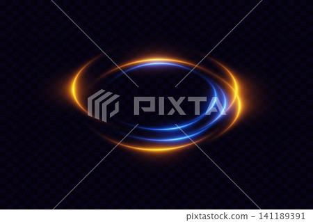 Abstract glowing blue and orange light trails forming dynamic elliptical rings on transparent background 141189391