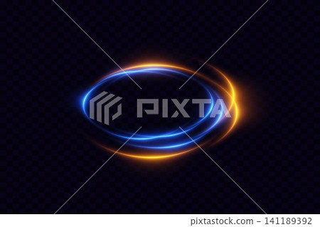 Glowing blue and orange light trails creating an abstract swirling dynamic energy effect Glowing blue and orange light trails creating an abstract swirling dynamic energy effect 141189392