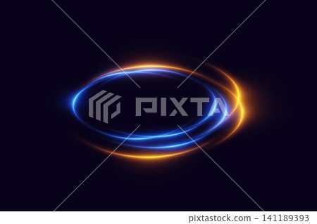 Glowing blue and orange elliptical lines creating a dynamic light trail on a dark background Glowing blue and orange elliptical lines creating a dynamic light trail on a dark background 141189393