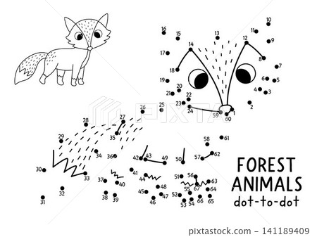 Vector forest dot-to-dot and color activity with cute fox. Black and white connect the dots game for children with funny woodland animal. Line printable worksheet Vector forest dot-to-dot and color activity with cute fox. Black and white connect the dots game for children with funny woodland animal. Line printable worksheet 141189409