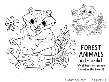 Vector forest dot-to-dot and color activity with cute raccoon sitting on log holding acorn. Black and white connect dots game for children with funny woodland animal. Line printable worksheet Vector forest dot-to-dot and color activity with cute raccoon sitting on log holding acorn. Black and white connect dots game for children with funny woodland animal. Line printable worksheet 141189411