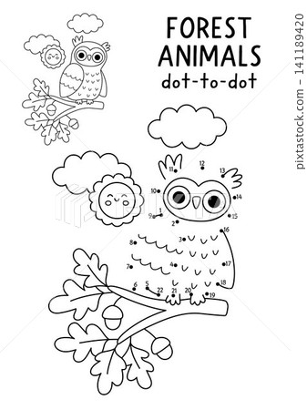 Vector forest dot-to-dot and color activity with cute owl sitting on oak tree branch. Black and white connect the dots game for children with funny woodland animal, bird. Line printable worksheet Vector forest dot-to-dot and color activity with cute owl sitting on oak tree branch. Black and white connect the dots game for children with funny woodland animal, bird. Line printable worksheet 141189420