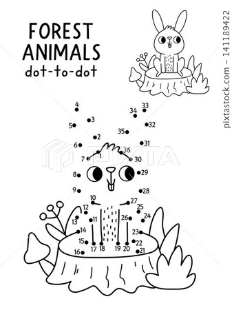 Vector forest dot-to-dot and color activity with cute hare. Black and white connect the dots game for children with funny woodland animal. Line printable worksheet with rabbit sitting on tree stump Vector forest dot-to-dot and color activity with cute hare. Black and white connect the dots game for children with funny woodland animal. Line printable worksheet with rabbit sitting on tree stump 141189422