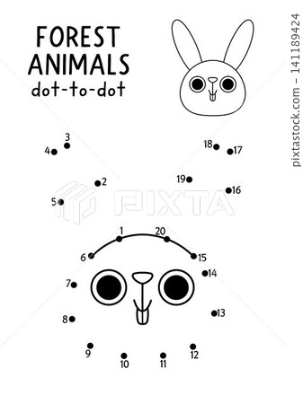Vector forest dot-to-dot and color activity with cute rabbit head. Black and white connect the dots game for children with funny woodland animal face or muzzle. Line printable worksheet with hare Vector forest dot-to-dot and color activity with cute rabbit head. Black and white connect the dots game for children with funny woodland animal face or muzzle. Line printable worksheet with hare 141189424