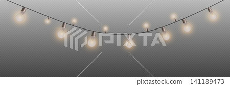 String of warm glowing light bulbs hanging on a wire creating festive light String of warm glowing light bulbs hanging on a wire creating festive light 141189473