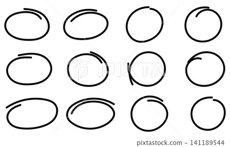 Hand drawn circle marker set with black doodle highlight rings, sketch annotation frames and simple oval outlines for editing, tutorials, presentation markup, notes and social media content vector art 141189544