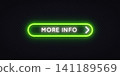 Neon green glowing More Info button with arrow on dark transparent background. Bold rounded UI element for website, game or app interface. 141189569