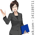 Illustration 02 of a woman in a suit and glasses giving directions. 141189711