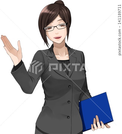 圖解 02:一位身穿西裝、戴眼鏡的女士正在指路。 圖解 02:一位身穿西裝、戴眼鏡的女士正在指路。 141189711