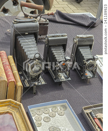 XALO, SPAIN - JUNE 20, 2026.A table displays old folding cameras, antique books, and collectible coins at a flea market. People browse and examine these unique items for sale. 141189923