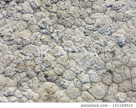 The scene shows a detailed view of dry cracked earth where white mineral sea salt crystals form patterns in a salt marsh under bright sunlight. The scene shows a detailed view of dry cracked earth where white mineral sea salt crystals form patterns in a salt marsh under bright sunlight. 141189924