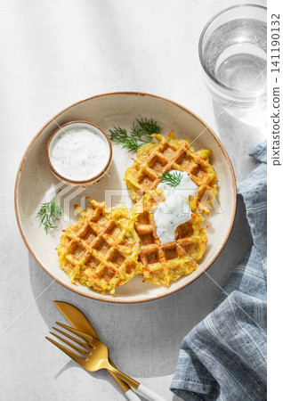Vegetarian potato waffles with natural yogurt and dill on a plate on a light background  141190132