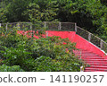 Bright red outdoor staircase surrounded by lush green tropical foliage 141190257