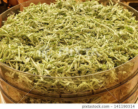 Close View of Chopped Wormwood Spread on Dehydrator Tray Close View of Chopped Wormwood Spread on Dehydrator Tray 141190314