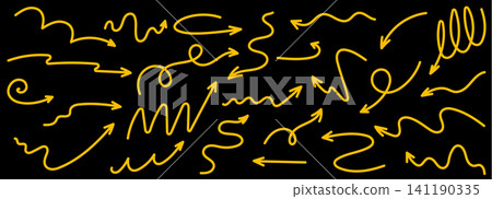 Doodle hand curve with arrow set direction and drawn line icon. Vector black pictogram with coil design wave and modern handwritten dash. Symbol directional swirl with course crayon business. Doodle hand curve with arrow set direction and drawn line icon. Vector black pictogram with coil design wave and modern handwritten dash. Symbol directional swirl with course crayon business. 141190335