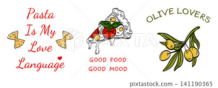 Stamp frame italy for vintage postal card with pasta olive. Sea pizza italian mediterranean and summer icon elements hand drawn. Doodle style artwork for travel and vacation themes. Stamp frame italy for vintage postal card with pasta olive. Sea pizza italian mediterranean and summer icon elements hand drawn. Doodle style artwork for travel and vacation themes. 141190365