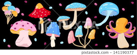 Mushroom set forest mystical flat toadstool cute vector fall eat. Collection of edible and poisonous mushroom types for food or ingredient. Use with witchy fantasy style each doodle drawing. Mushroom set forest mystical flat toadstool cute vector fall eat. Collection of edible and poisonous mushroom types for food or ingredient. Use with witchy fantasy style each doodle drawing. 141190377