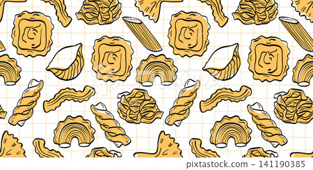 Doodle spaghetti farfalle with pasta pattern penne and background bg seamless. Vector ingredient minimal with whimsical line noodles and food flat geometric. Cooking rotini fusilli. Doodle spaghetti farfalle with pasta pattern penne and background bg seamless. Vector ingredient minimal with whimsical line noodles and food flat geometric. Cooking rotini fusilli. 141190385