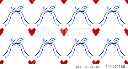 Heart pattern ditsy and checkered background bg with bow cute seamless. Texture love blue and girl red teenager with drawn baby illustration. Girly repeat holiday and vector feminine graphic. 141190386
