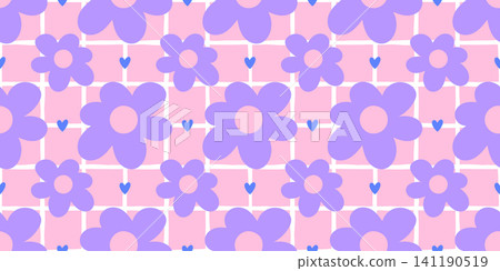 Style cute kid with seamless floral background and pattern daisy flower. Kawaii child design with check girly print and spring repeat bg. Vector purple ditsy with little summer simple. Style cute kid with seamless floral background and pattern daisy flower. Kawaii child design with check girly print and spring repeat bg. Vector purple ditsy with little summer simple. 141190519