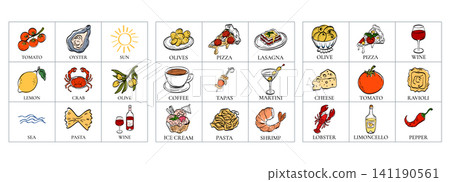 Lemon mediterranean vector illustration for vibrant limoncello and lobster. Pasta theme summer wine and italy stamp motifs with sicily. Set elements for olive square drawn composition pizza. Lemon mediterranean vector illustration for vibrant limoncello and lobster. Pasta theme summer wine and italy stamp motifs with sicily. Set elements for olive square drawn composition pizza. 141190561