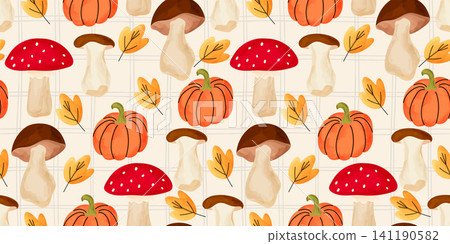 Bg pattern line with adorable cute mushroom seamless gingham striped watercolor fabric texture. This design for a cozy forest fall vector illustration features flower fungi love and harvest. Bg pattern line with adorable cute mushroom seamless gingham striped watercolor fabric texture. This design for a cozy forest fall vector illustration features flower fungi love and harvest. 141190582