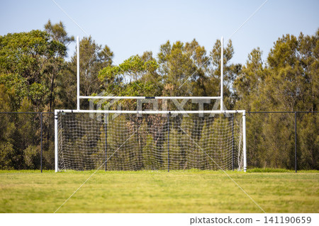 A combined soccer and rugby goal on a regional sports field A combined soccer and rugby goal on a regional sports field 141190659