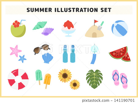A set of cute icon vector illustrations featuring summer symbols such as sunglasses, beach balls, and watermelons. A set of cute icon vector illustrations featuring summer symbols such as sunglasses, beach balls, and watermelons. 141190701