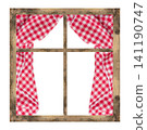 Old wooden window frame with red and white checkered curtain 141190747