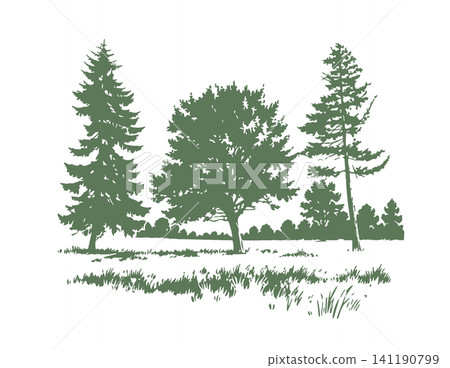 park with trees silhouette. Hand drawn. Not AI, vector illustration. park with trees silhouette. Hand drawn. Not AI, vector illustration. 141190799