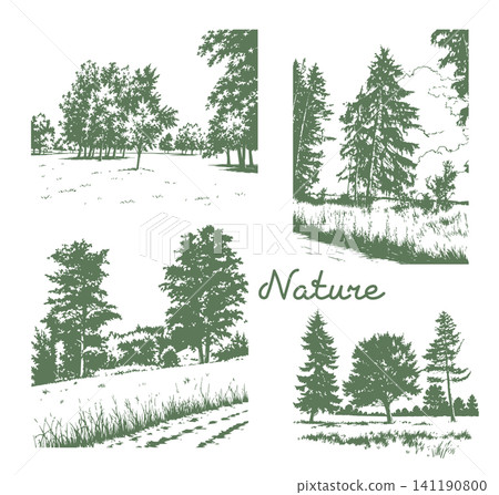 Forest set silhouette. Hand drawn. Not AI, vector illustration. Forest set silhouette. Hand drawn. Not AI, vector illustration. 141190800
