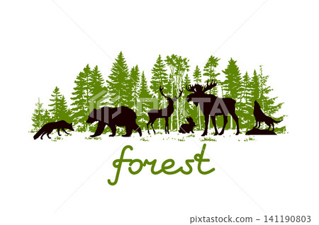 Forest silhouette with animals. Hand drawn. Not AI, vector illustration. Forest silhouette with animals. Hand drawn. Not AI, vector illustration. 141190803