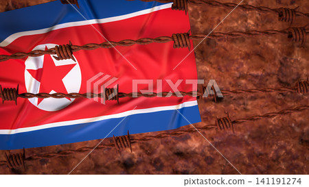 North Korean Flag Behind Rusty Barbed Wire Barrier 3d render. 141191274