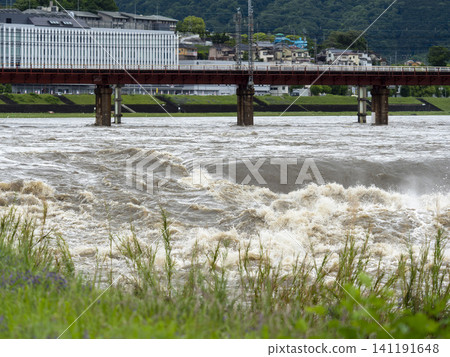Kashiwara Weir of Yamato River with muddy current flowing through it Kashiwara Weir of Yamato River with muddy current flowing through it 141191648